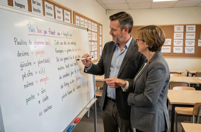 Un homme et une femme analysant un exercice de grammaire française au tableau dans une salle de cours