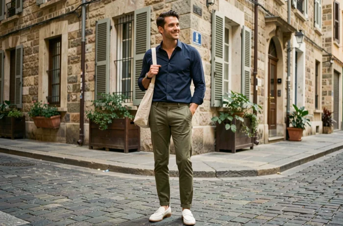Homme stylé en tenue décontractée chic posant dans une rue pavée européenne avec un look mode automne-printemps