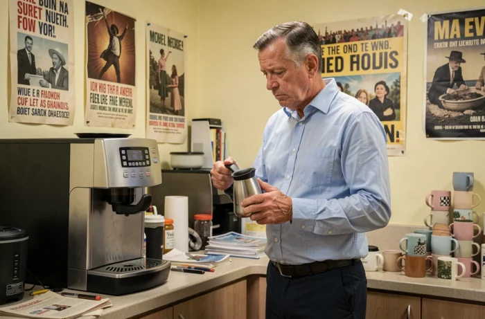 Homme avec cafetière vide dans la salle de pause du bureau, expression sarcastique, humour de bureau