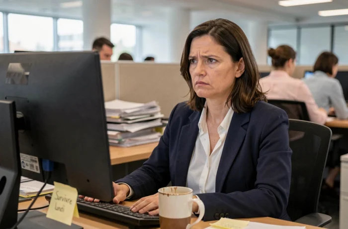 Femme au bureau avec expression désabusée devant son ordinateur, humour second degré au travail