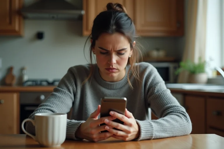 Femme cherchant à identifier un numéro de téléphone inconnu sur son smartphone dans sa cuisine