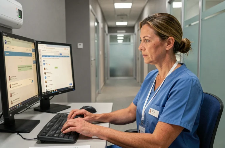 Infirmière hospitalière utilisant la messagerie sécurisée AP-HP sur un poste informatique dans un couloir administratif moderne