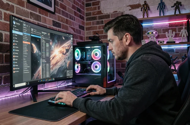 Gamer installant des mods sur Starfield depuis son PC de jeu avec une interface de gestionnaire de mods affichée à l'écran