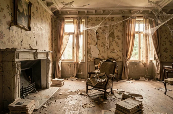 Intérieur abandonné d'une maison bourgeoise française avec papier peint décollé et mobilier en ruine