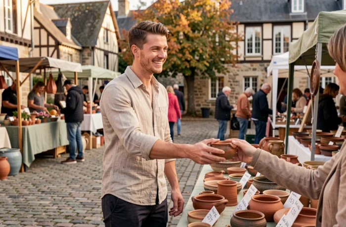 Jeune entrepreneur breton vendant des produits artisanaux sur un marché local en Bretagne, illustrant une activité commerciale indépendante réussie