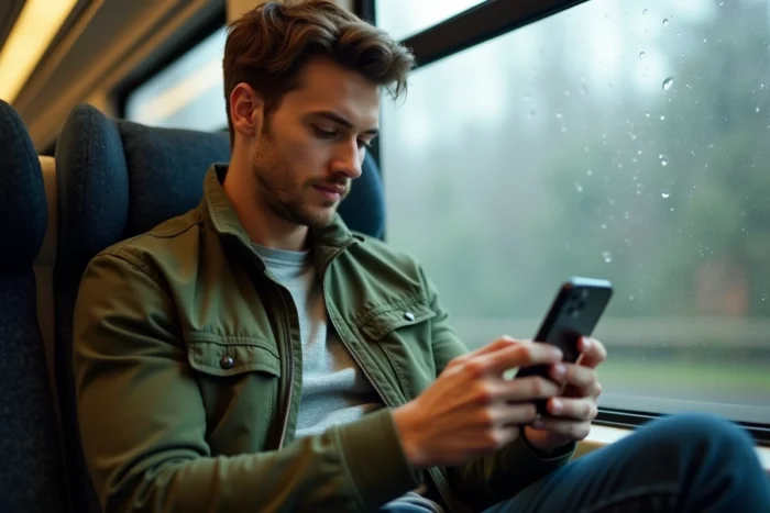 Jeune professionnel accédant à une application de gestion de projets sur smartphone dans un train en déplacement