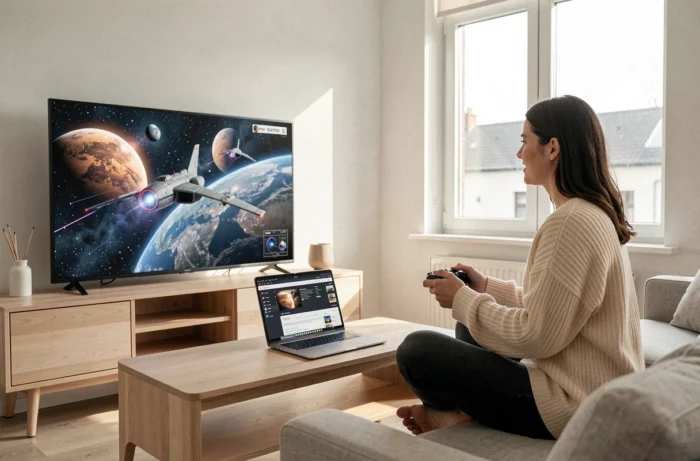 Joueuse profitant de mods installés sur Starfield depuis son salon avec un écran 4K et une manette sans fil