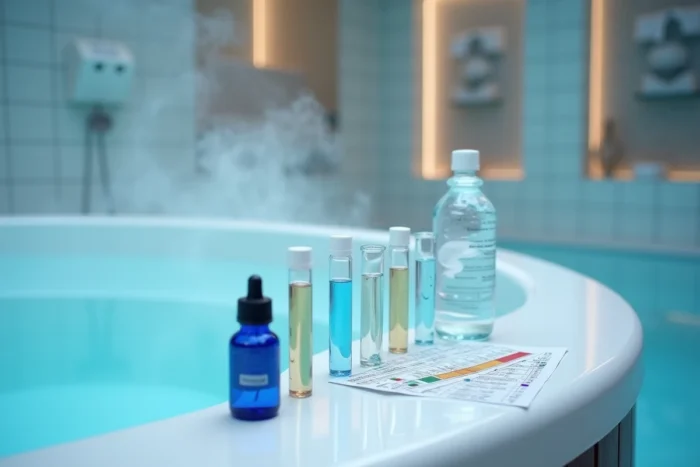 Kit de test chimique de l'eau d'un spa avec tubes à essai et tableau comparatif pour mesurer le taux de chlore
