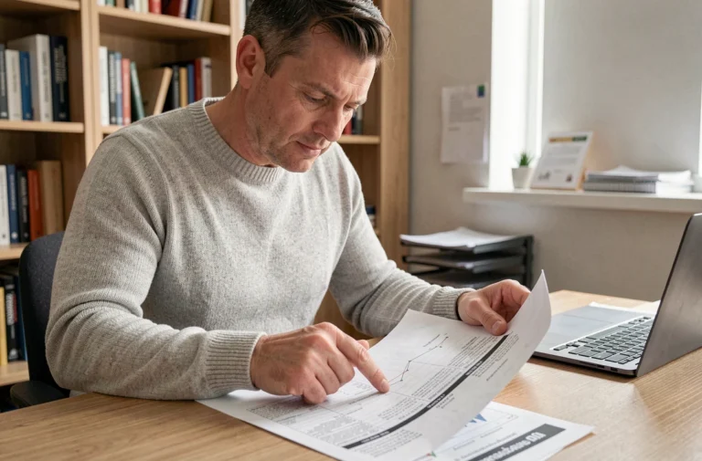 Homme lisant attentivement une fiche fiabilité automobile LPDD Conseil avant d'acheter une voiture