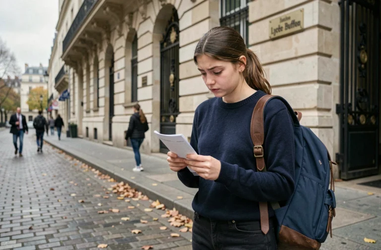 Lycéenne devant les grilles du lycée Buffon à Paris, tenant son emploi du temps à la main