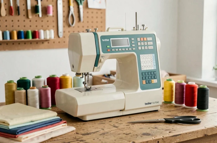 Machine à coudre Brother FS40 posée sur une table en bois dans un atelier de couture fait maison, entourée de bobines de fil colorées et de tissus pliés