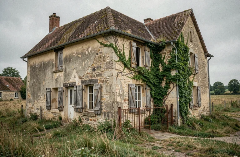 Maison abandonnée en pierre dans la campagne française avec volets délabrés et façade envahie par le lierre