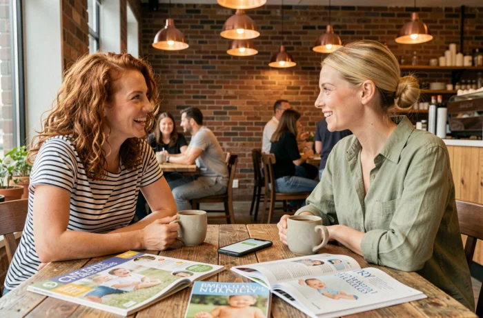 Deux mamans échangeant des conseils de maternité autour d'un café dans un bistrot moderne, actualités et tendances parentalité