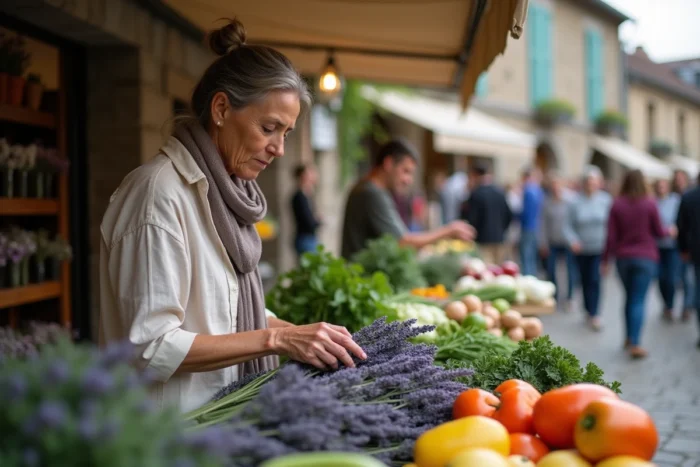 Femme parcourant les étals d'un marché provençal en plein air à Veynes, avec légumes frais et lavande sur fond de vieille ville