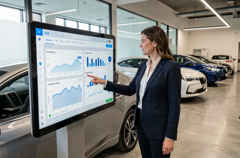 Professionnelle du marketing automobile présentant des tableaux de bord d'analyse digitale dans un showroom automobile moderne