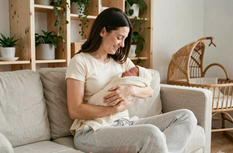 Jeune mère tenant tendrement son nouveau-né dans un salon scandinave cosy, illustration de la maternité moderne et des soins aux bébés