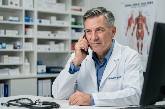 Médecin de garde répondant au téléphone dans son cabinet médical