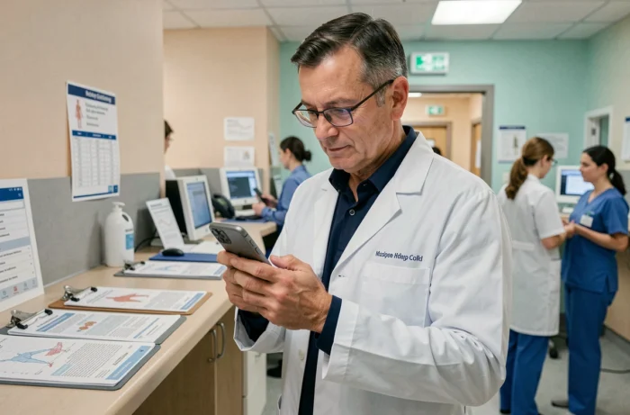 Médecin hospitalier consultant sa messagerie professionnelle AP-HP sur smartphone depuis un service hospitalier