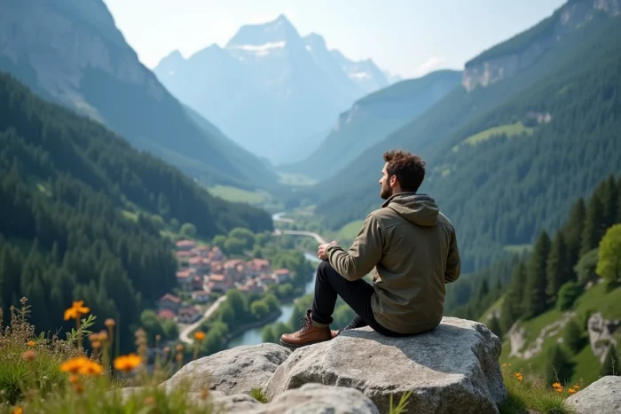 Jeune homme assis sur un rocher granitique contemplant une vallée alpine française avec un village traditionnel rénové en contrebas, évoquant l'attrait des zones rurales en France en 2050