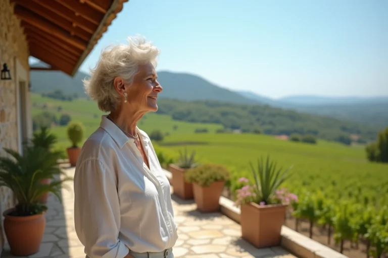 Femme sur une terrasse en pierre d'une maison écologique dans le sud de la France avec vue sur un vignoble verdoyant, illustrant les meilleurs endroits où vivre en France en 2050