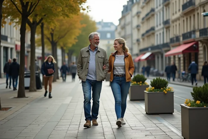 Couple se promenant sur un boulevard piétonnier verdoyant dans une ville française rénovée et durable, représentant la qualité de vie urbaine en France en 2050