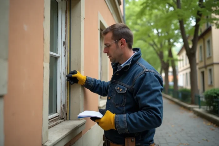 Artisan mesurant une fenêtre ancienne sur la façade d'une maison française avant dépôt d'une déclaration préalable