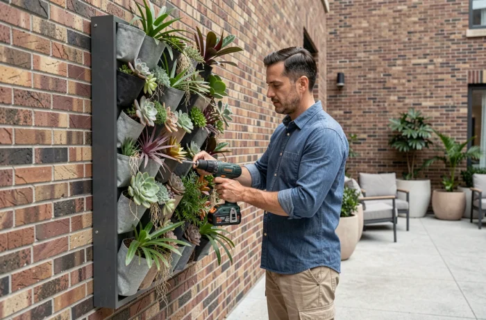 Homme installant un mur végétal modulaire sur une terrasse urbaine avec plantes succulentes et tropicales
