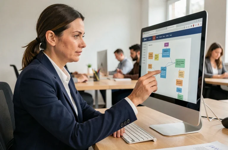 Femme professionnelle naviguant sur un plan de site web structuré depuis un bureau moderne