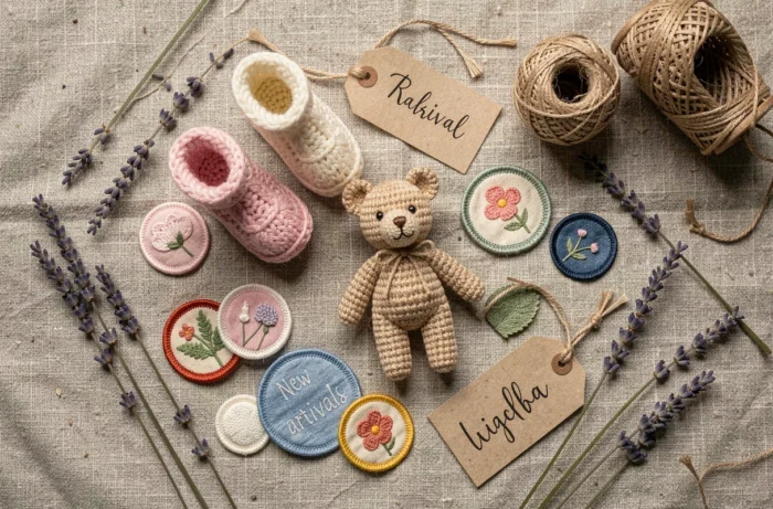 Nouvelle collection d'articles faits main pour bébé de La Maisonnette De Barbichounette disposés en flat-lay sur du lin naturel