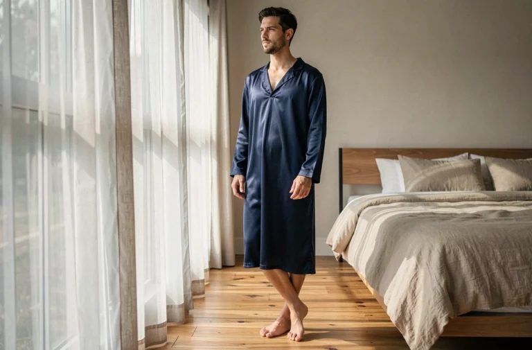 Homme en nuisette satin bleu marine debout près d'une fenêtre dans une chambre minimaliste, tendance lingerie masculine moderne