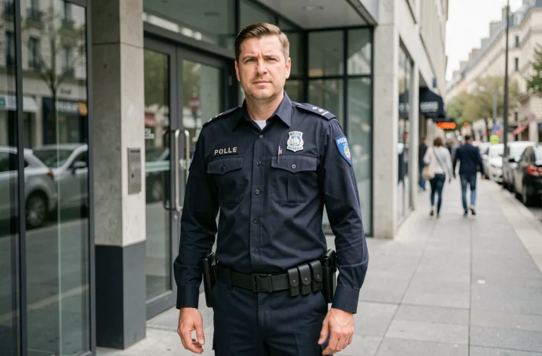 Officier de police français en uniforme devant un bâtiment public, illustrant les contrôles d'identité encadrés par l'article 78-2-1 du Code de procédure pénale