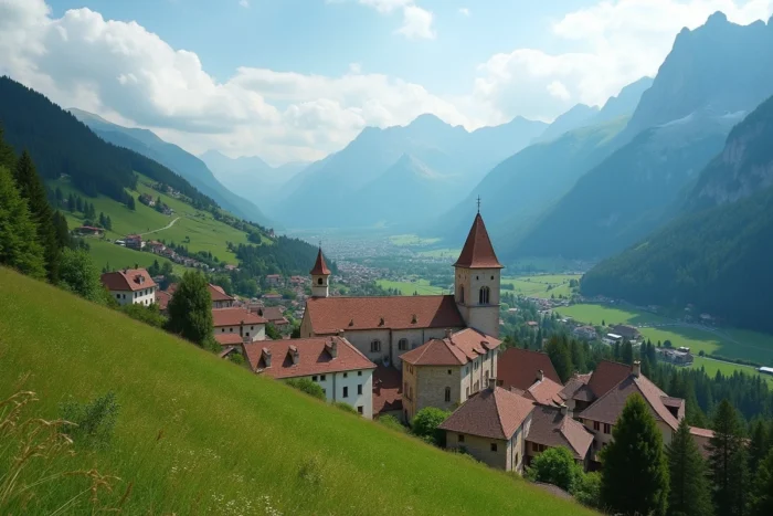 Vue panoramique de Veynes et de son clocher roman au cœur d'une vallée verdoyante entourée de montagnes des Hautes-Alpes