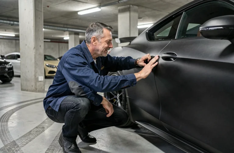 Passionné d'automobile admirant une voiture de sport noire dans un garage urbain souterrain en 2024