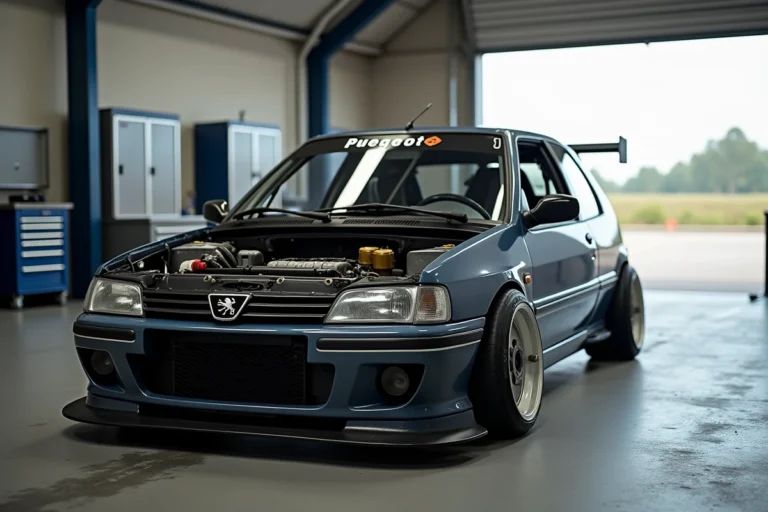 Peugeot 306 préparée pour le circuit amateur dans un garage de stand avec capot ouvert révélant des pièces aftermarket