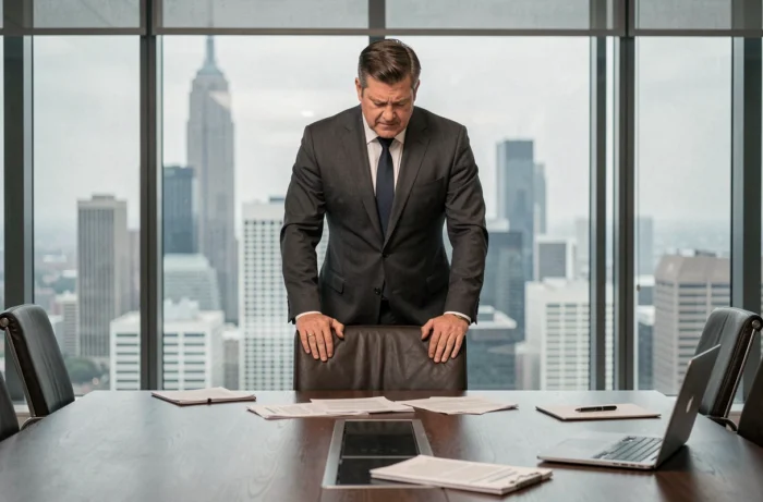Manager en costume sombre hésitant seul dans une salle de réunion, illustrant la peur dans le leadership