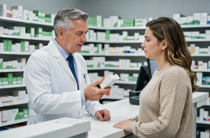 Pharmacien expliquant les contre-indications d'un médicament à une cliente dans une pharmacie