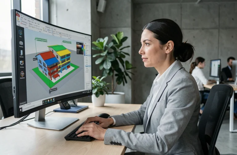 Professionnelle utilisant un logiciel BIM pour rechercher une adresse immobilière précise sur un écran d'ordinateur dans un bureau moderne