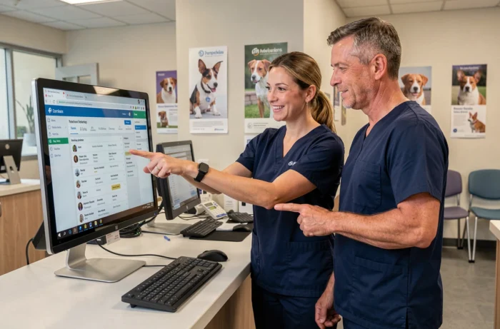 Deux professionnels vétérinaires consultant une base de données médicale en ligne sur un ordinateur de bureau dans une clinique