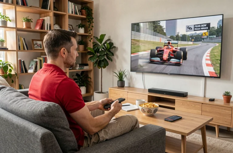 Un homme regarde un Grand Prix de Formule 1 en direct à la télévision dans son salon moderne