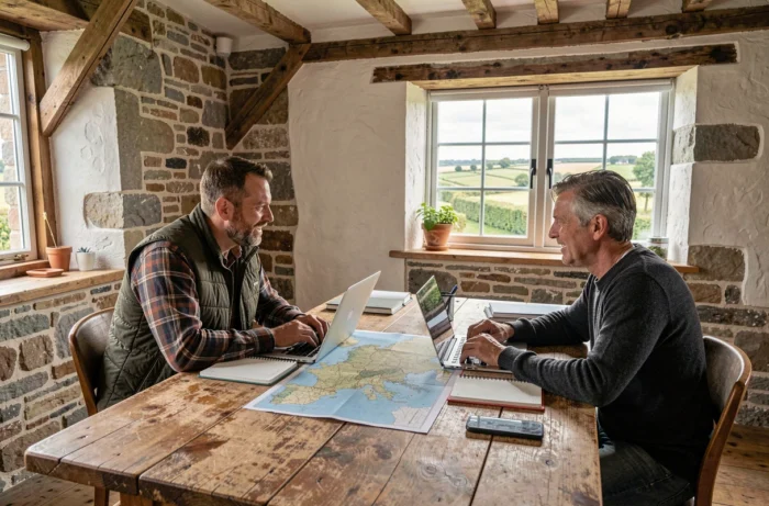 Deux entrepreneurs en réunion dans un espace de coworking aménagé dans une longère bretonne rénovée, discutant de stratégie de projet d'entreprise en Bretagne