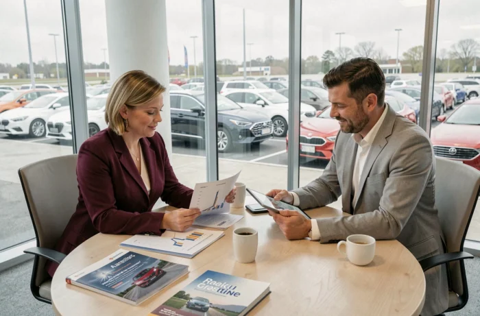 Deux professionnels de la concession automobile analysant des rapports de marketing digital lors d'une réunion stratégique