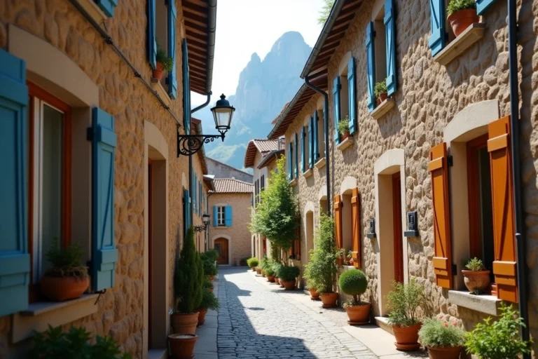 Rue pavée pittoresque de Veynes avec façades en pierre et volets colorés, vue sur les montagnes des Hautes-Alpes en arrière-plan