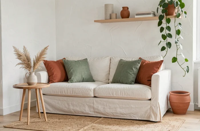 Coin salon scandinave décoré avec un canapé en lin crème, coussins terracotta et plante verte suspendue dans un intérieur minimaliste