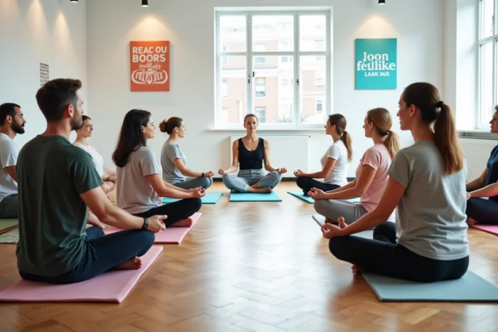 Séance de pleine conscience collective lors d'un atelier bien-être en entreprise dans une salle de formation moderne