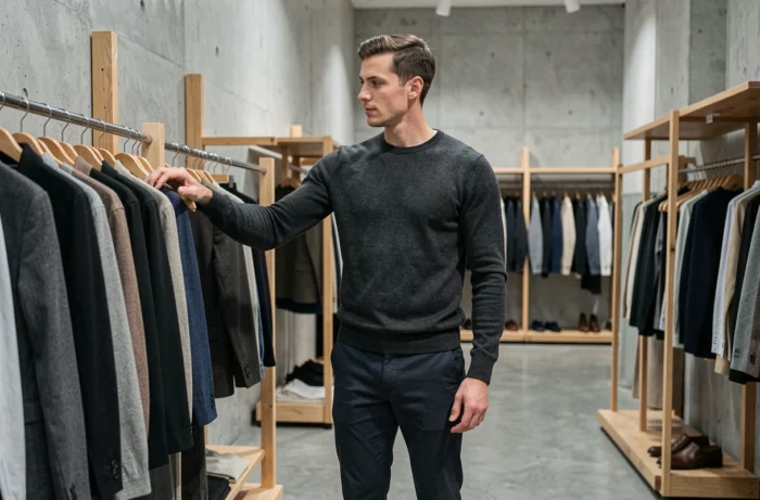Homme longiligne à la silhouette gracile en pull merino et chino dans une boutique minimaliste, conseils morphologie homme mince
