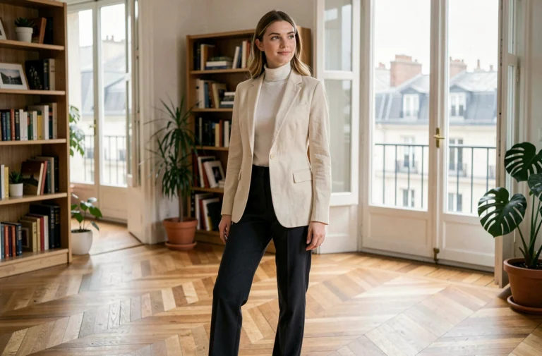 Femme à la silhouette gracile en blazer crème et pantalon droit dans un appartement parisien, illustrant la morphologie longiligne
