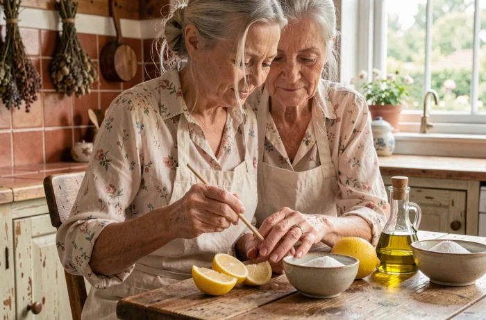 Grand-mère appliquant un soin naturel maison sur ses ongles avec des ingrédients comme le citron et l'huile d'olive sur une table en bois rustique