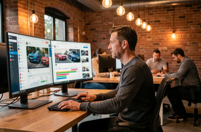 Spécialiste en marketing digital automobile travaillant sur des campagnes publicitaires en ligne dans un bureau moderne