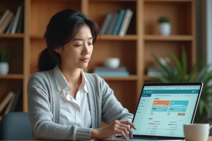 Femme consultant le suivi de remboursement de sa mutuelle santé sur un ordinateur portable dans un bureau à domicile