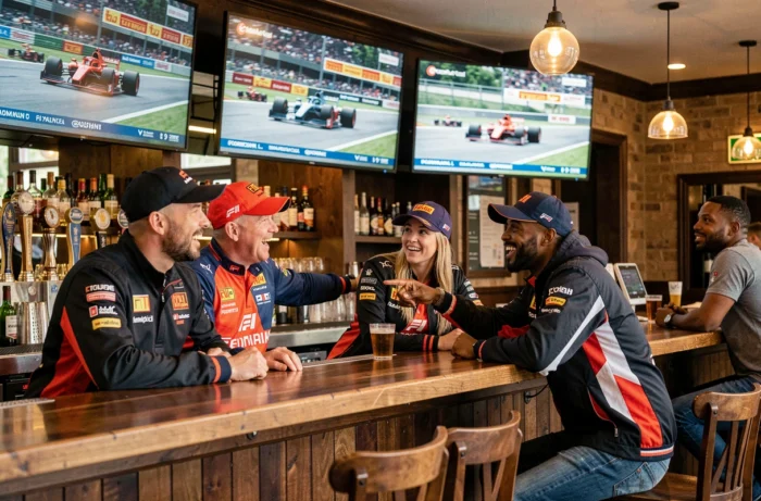Des supporters regardent un Grand Prix de F1 sur grand écran dans un bar sportif